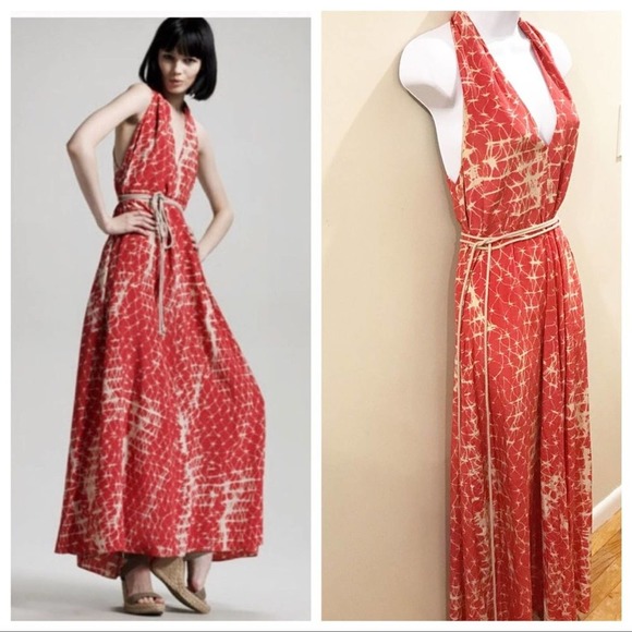 Gryphon Silk Rope Halter Maxi Dress Coral Medium - Picture 2 of 10